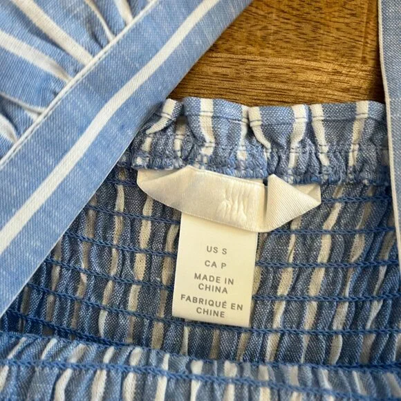 H&M Blue Striped Linen Blend Smocked Jumpsuit Small Beachy Coastal Nautical - Picture 6 of 13